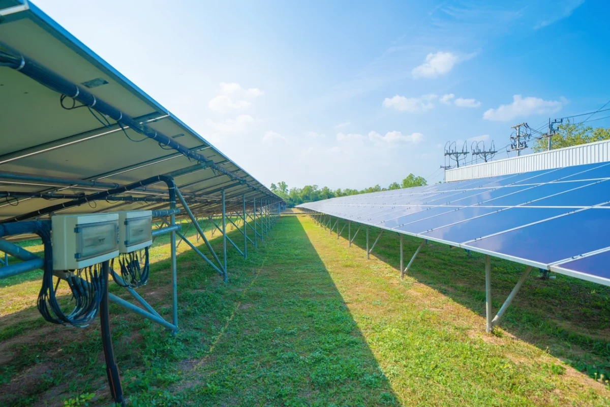 Ground-mounted solar array with inverters and cabling in an agricultural setting, designed to enable continued farming operations beneath the panels.