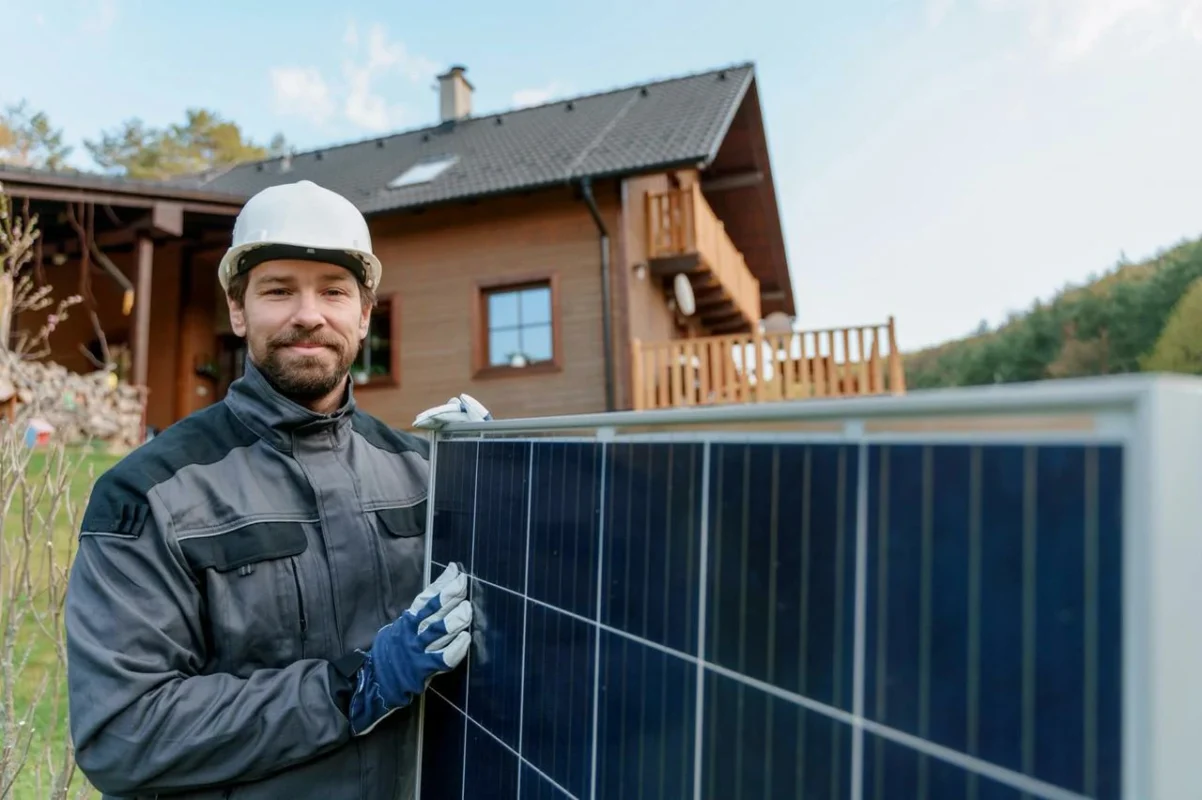 Technik prezentuje panel PV, omawiając cenę inwertera hybrydowego 100 kW dla domowej instalacji.