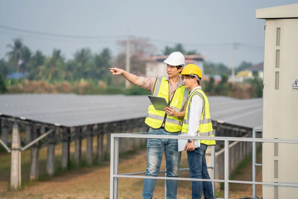 Dwa technicy analizują instalację inwertera hybrydowego w dużej farmie fotowoltaicznej.
