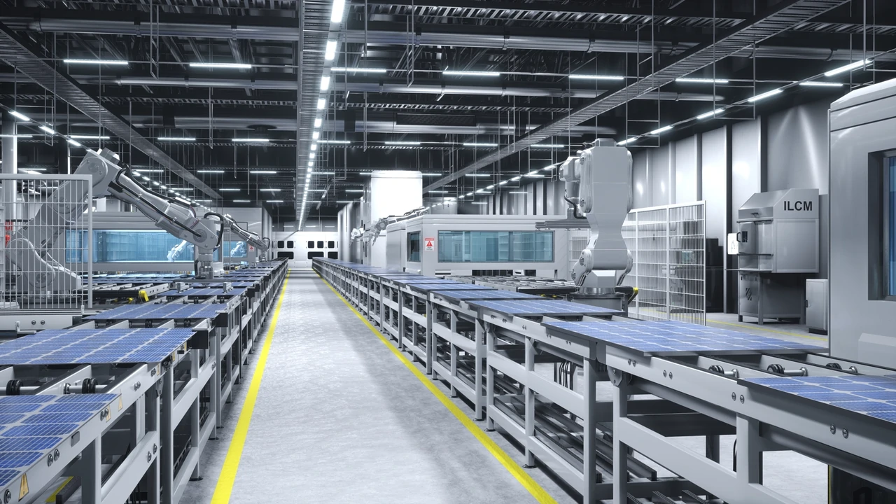 Zautomatyzowana linia montażu paneli fotowoltaicznych z robotami i stacjami roboczymi.