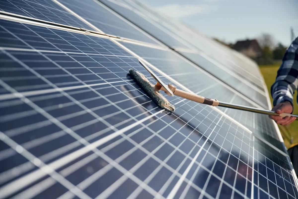 Pracownik czyszczy powierzchnię paneli fotowoltaicznych, aby poprawić wydajność energetyczną farmy PV.