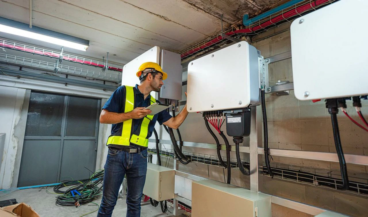 Technik sprawdza działanie zabezpieczeń przeciwprzepięciowych w instalacji fotowoltaicznej.
