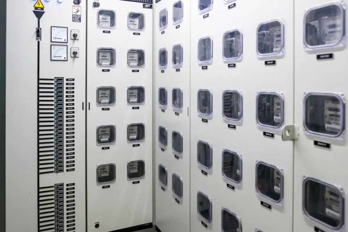 Szafa rozdzielcza z licznikami i zabezpieczeniami, ilustrująca zgodność instalacji magazynu energii z normami budowlanymi.