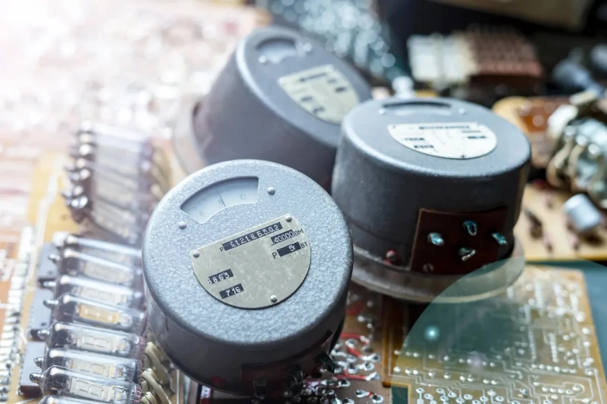 Stare analogowe mierniki elektryczne i komponenty elektroniczne na płytce PCB, reprezentujące cykl życia falownika fotowoltaicznego