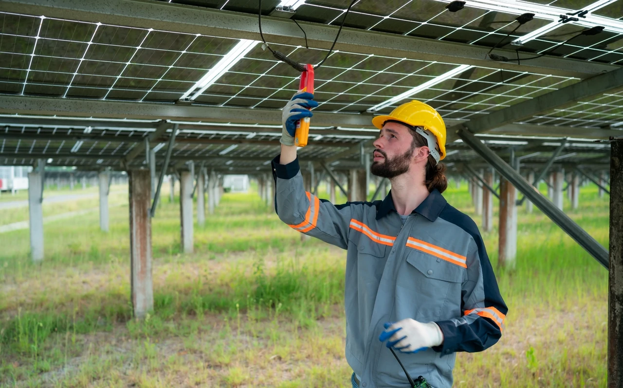 Technik mierzy prąd w instalacji fotowoltaicznej, sprawdzając wydajność zależną od liczby MPPT w inwerterze.