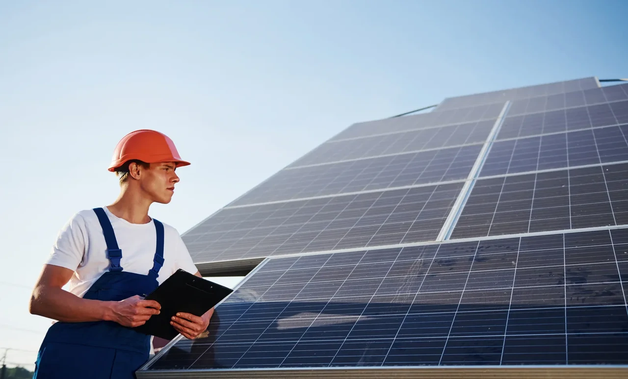 Inżynier analizuje instalację fotowoltaiczną – dobór systemu on-grid, hybrydowego lub z magazynem do zasilania windy w budynkach komercyjnych i mieszkaniowych.