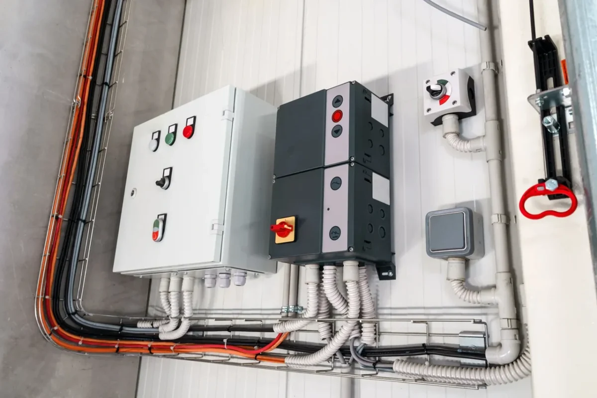 Instalacja elektryczna z szafą rozdzielczą DC i przewodami, ilustrująca montaż osprzętu do pomiaru głośności inwertera fotowoltaicznego.