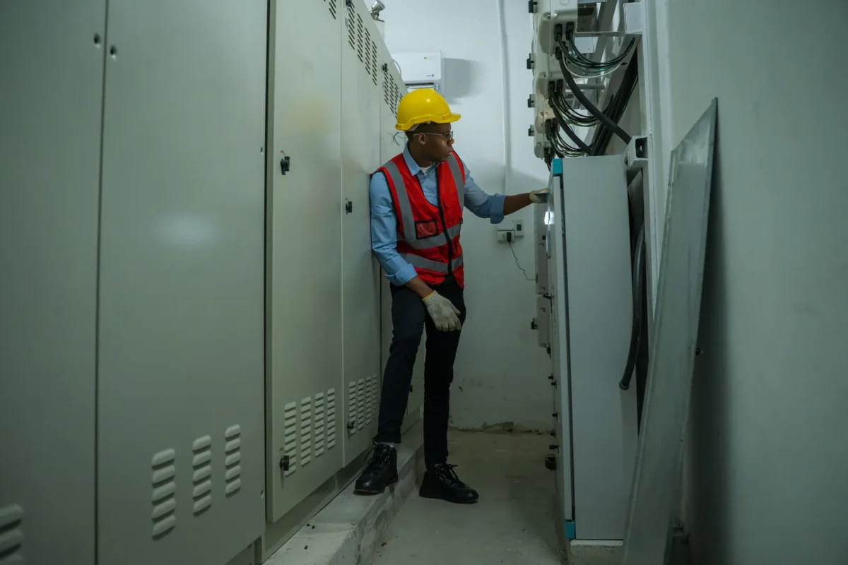 Profesjonalny inżynier sprawdzający przemysłowe szafy elektryczne pod kątem instalacji komercyjnych filtrów wody chloraminowej