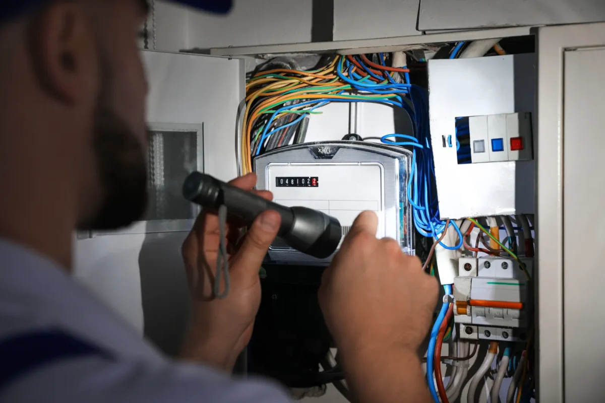 Technik elektryk sprawdza liczniki i okablowanie domowe pod kątem instalacji filtra wody chloraminowej w całym domu