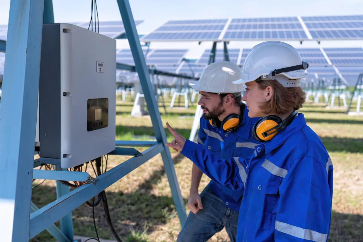 Dwóch techników dokonuje inspekcji podłączonego do sieci falownika słonecznego w elektrowni fotowoltaicznej, optymalizując konwersję energii i działanie systemu.