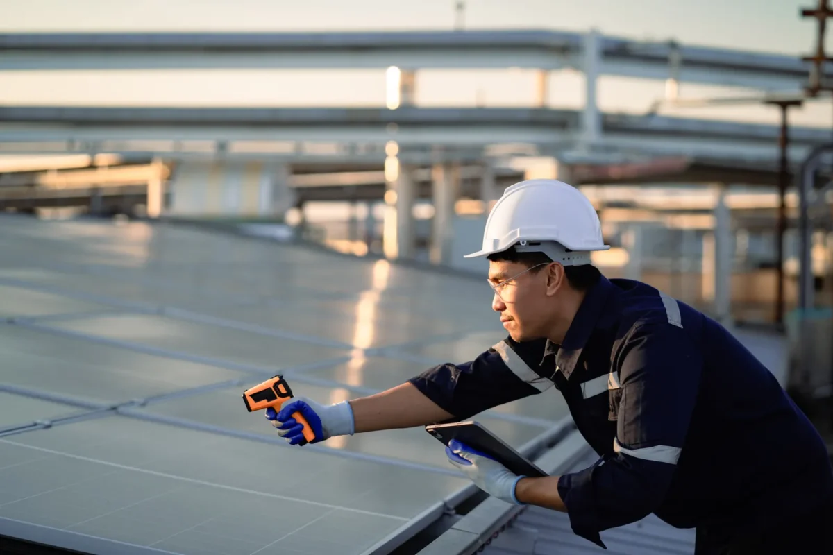 Technik sprawdza panele słoneczne na dachu hali magazynowej podczas kontroli instalacji PV