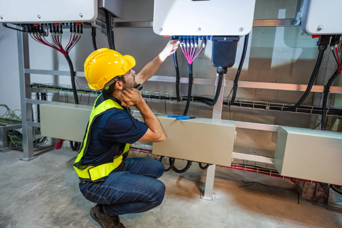 Elektronik sprawdza połączenia kabli w falownikach fotowoltaicznych podczas serwisu.