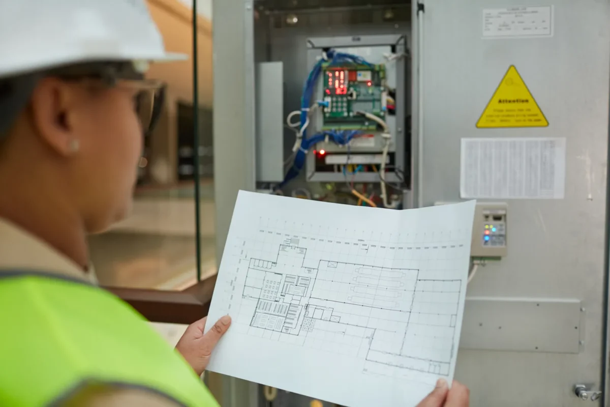 Specjalista analizuje schemat instalacji 100kW przed wyceną dla przedsiębiorstwa.
