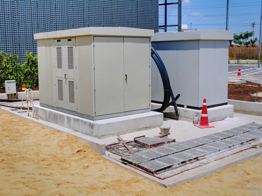 Kontenerowy magazyn energii dla instalacji fotowoltaicznej w terenie przemysłowym.