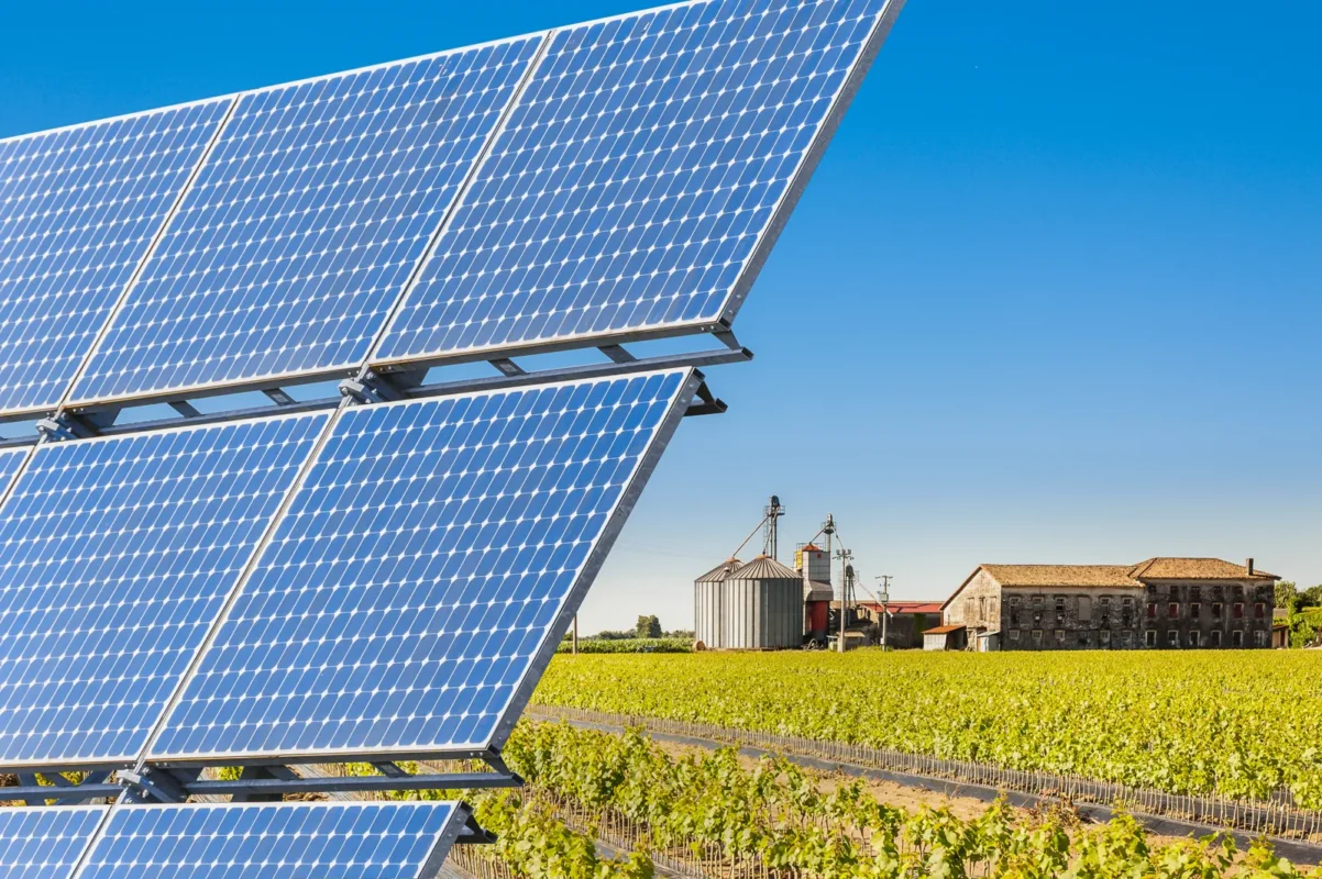 Duże panele słoneczne generują energię dla gospodarstwa rolnego.