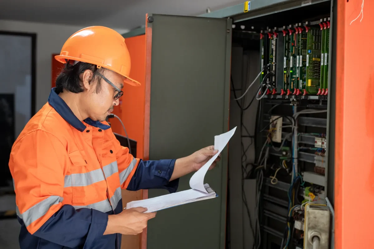 Technik sprawdza urządzenia elektryczne instalacji fotowoltaicznej stacji benzynowej.