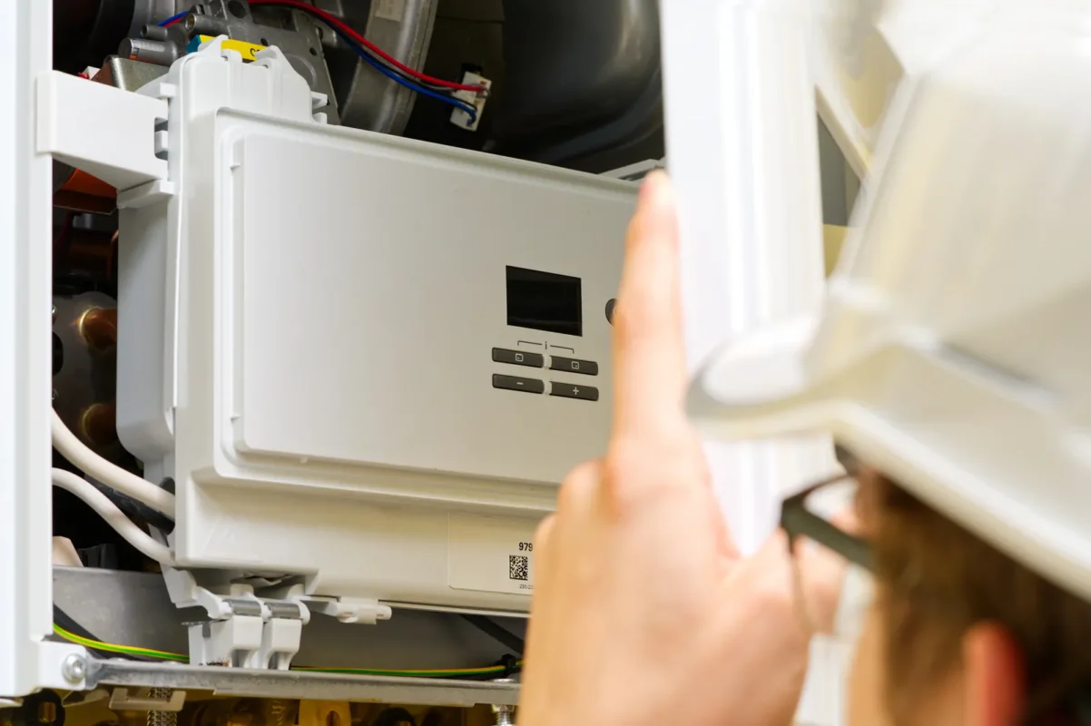 Technik sprawdza panel sterowania falownika, przygotowując się do wymiany urządzenia.