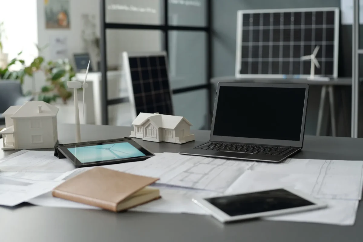 Biuro projektowe przygotowuje koncepcję instalacji PV dla firm, na biurku rozłożone są makiety domów, panele słoneczne oraz dokumentacja projektowa.