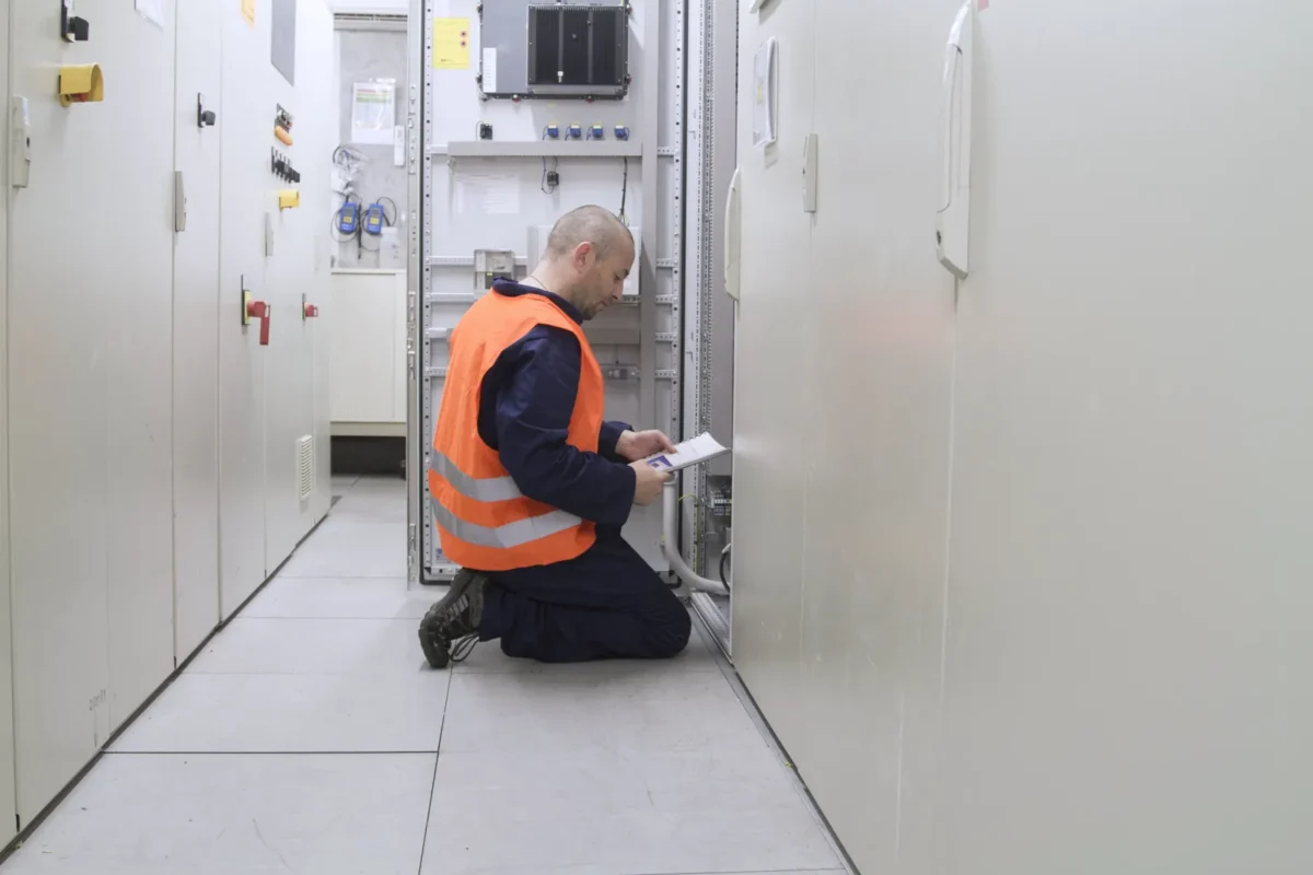 Serwisant w odblaskowej kamizelce sprawdza dokumentację przy szafach rozdzielczych instalacji z magazynem energii i falownikami.