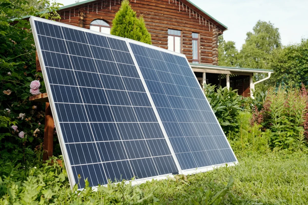 Dwa panele słoneczne ustawione na trawie przy drewnianym domu, przeznaczone do produkcji prądu na potrzeby domowego magazynu energii o pojemności 50 kWh.
