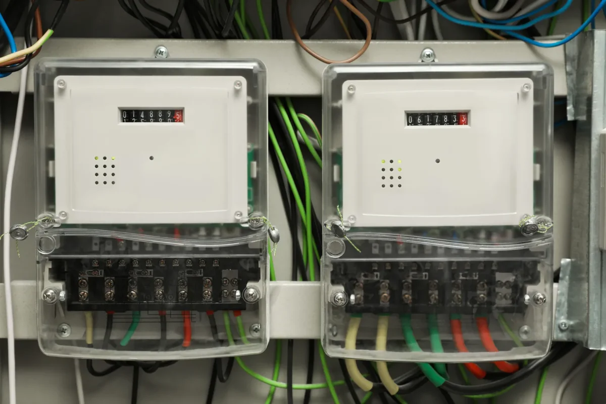 Dwa liczniki energii elektrycznej zamontowane na szynie montażowej kontrolują przepływ prądu w systemie magazynowania energii typu AC coupled z fotowoltaiką.