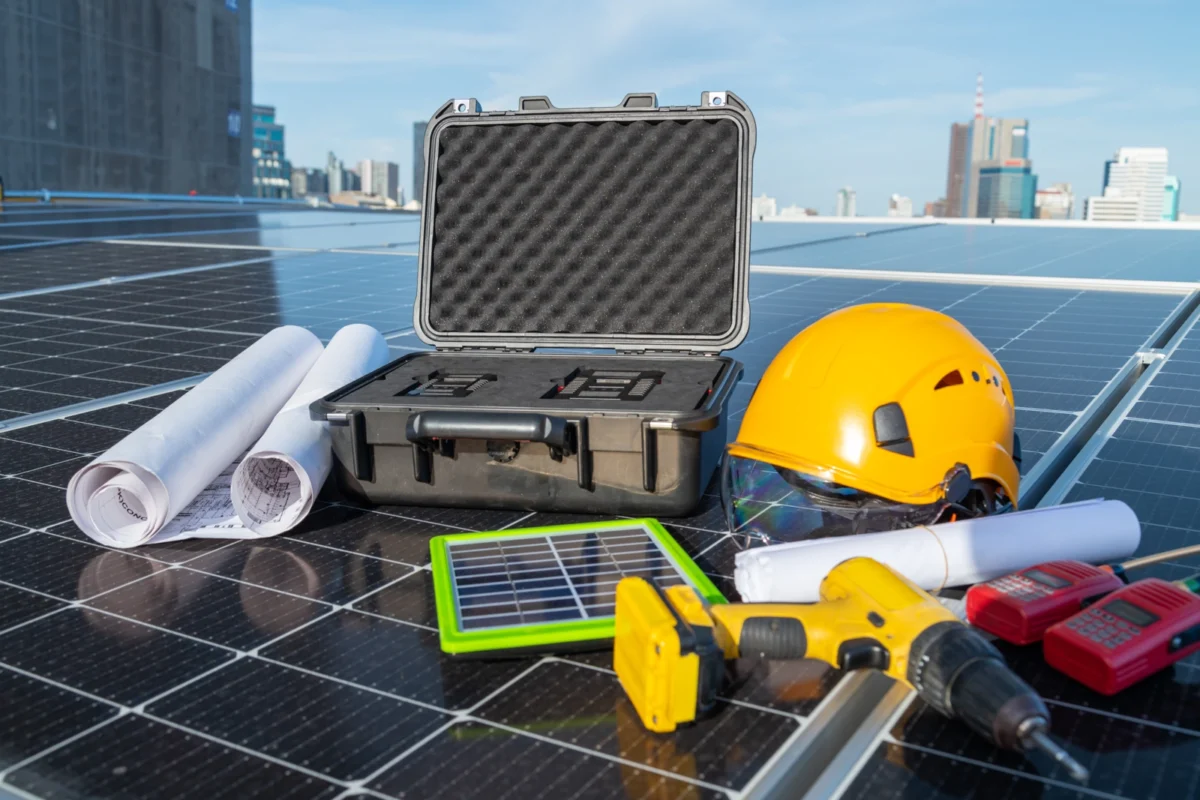 Narzędzia montażowe, projekty oraz próbka małego panelu PV leżą na dużych panelach, przygotowania do budowy instalacji off-grid na dachu budynku.