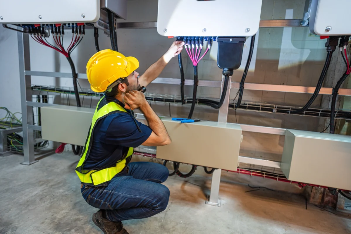 Technik w kamizelce ochronnej serwisuje skrzynkę rozdzielczą falownika w instalacji fotowoltaicznej pracującej w trybie off-grid.