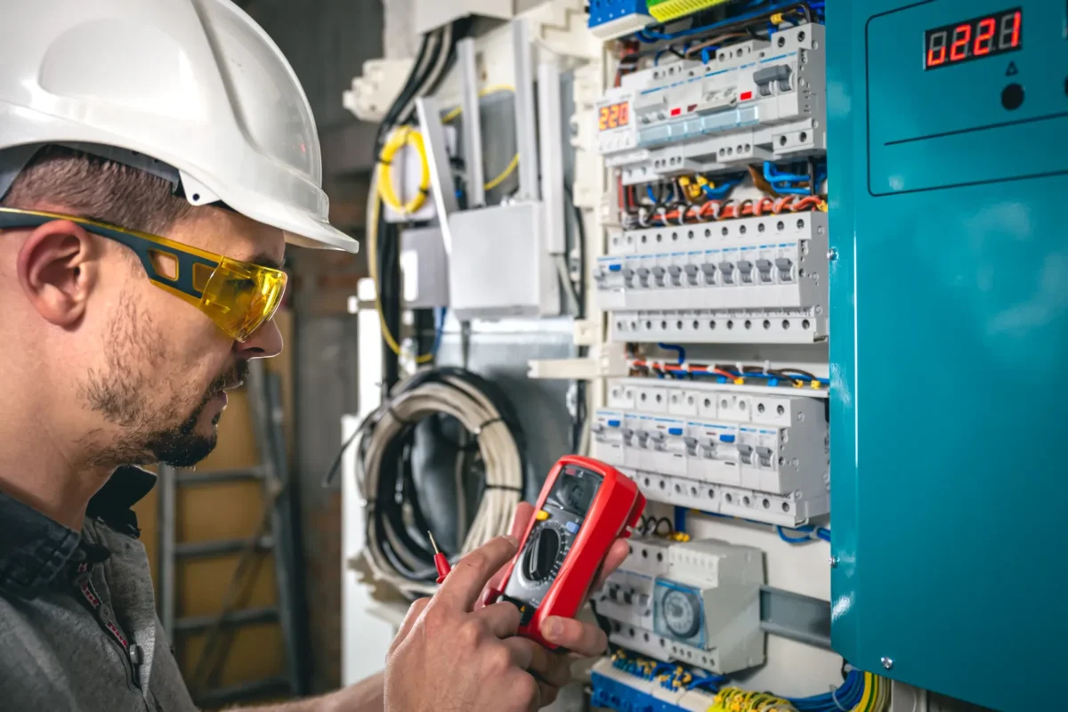 Elektryk w kasku i okularach ochronnych mierzy napięcie multimetrem przy szafie rozdzielnicowej, aby zaplanować zabiegi obniżenia zbyt wysokiego napięcia w instalacji.